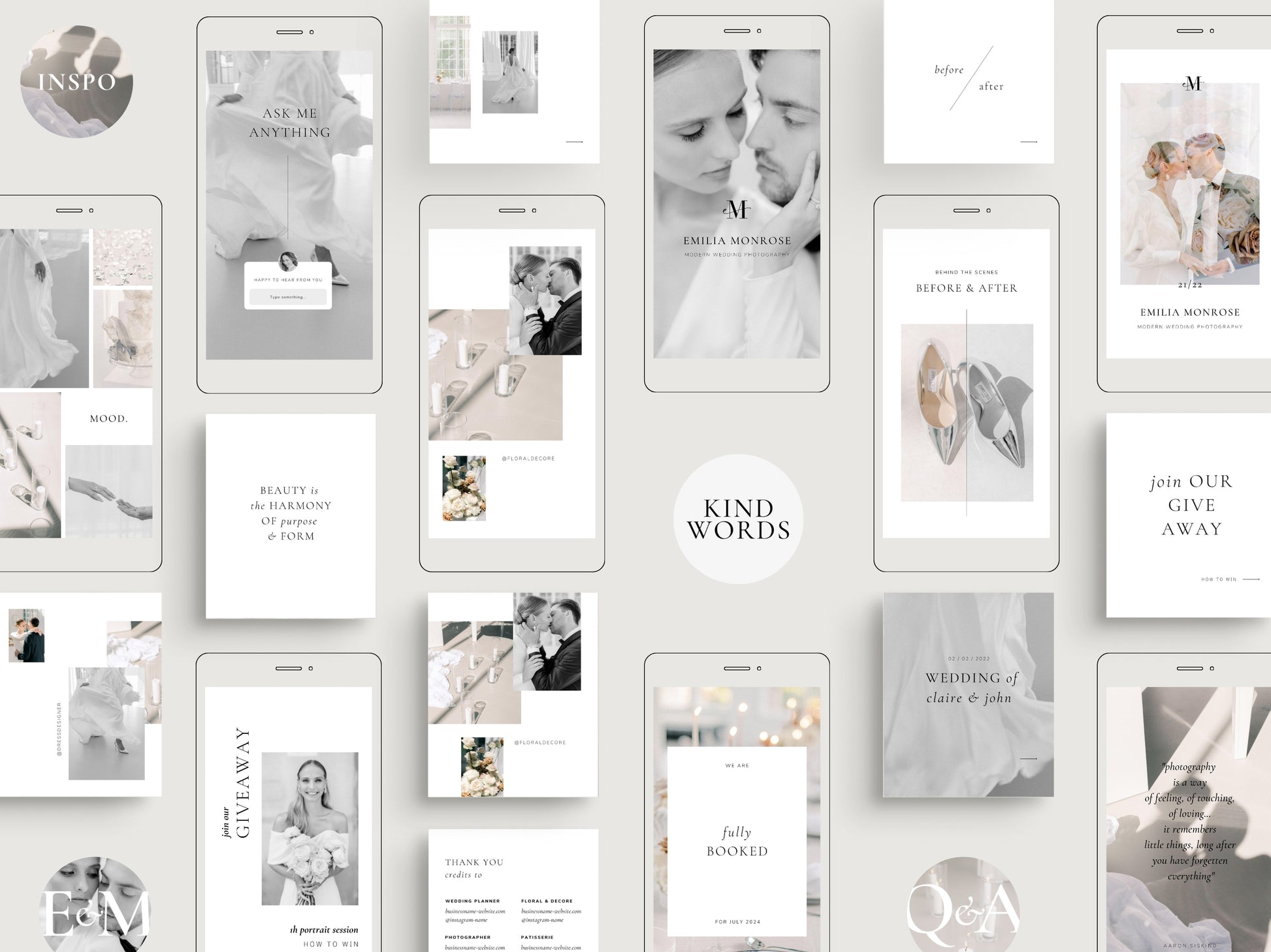 modern minimal elegant social media instagram template modern romance for wedding photographer, intagram posts, stories and highlight covers, created by white tint design