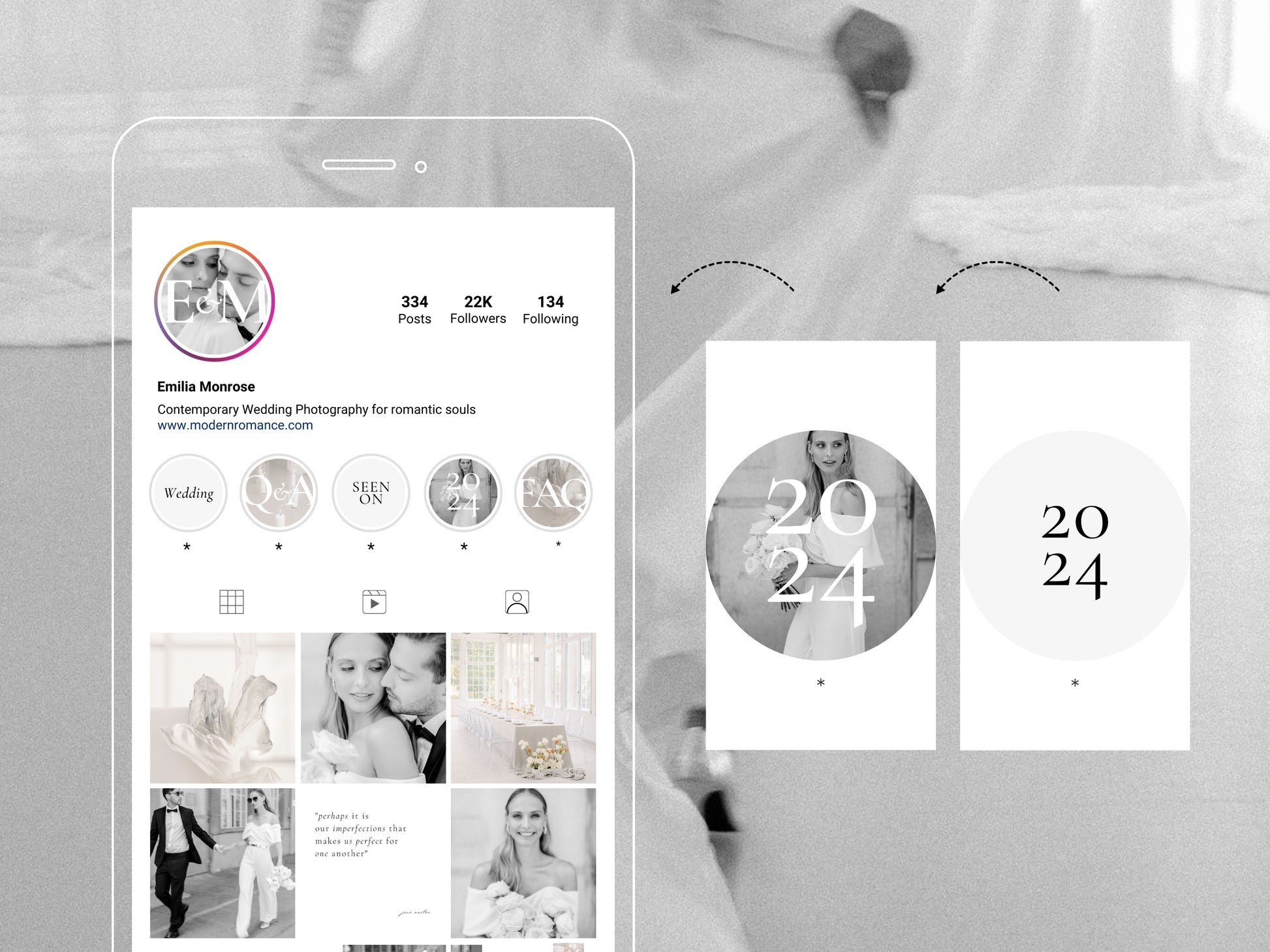 modern minimal elegant social media instagram template modern romance for wedding photographer, intagram posts, stories and highlight covers, created by white tint design