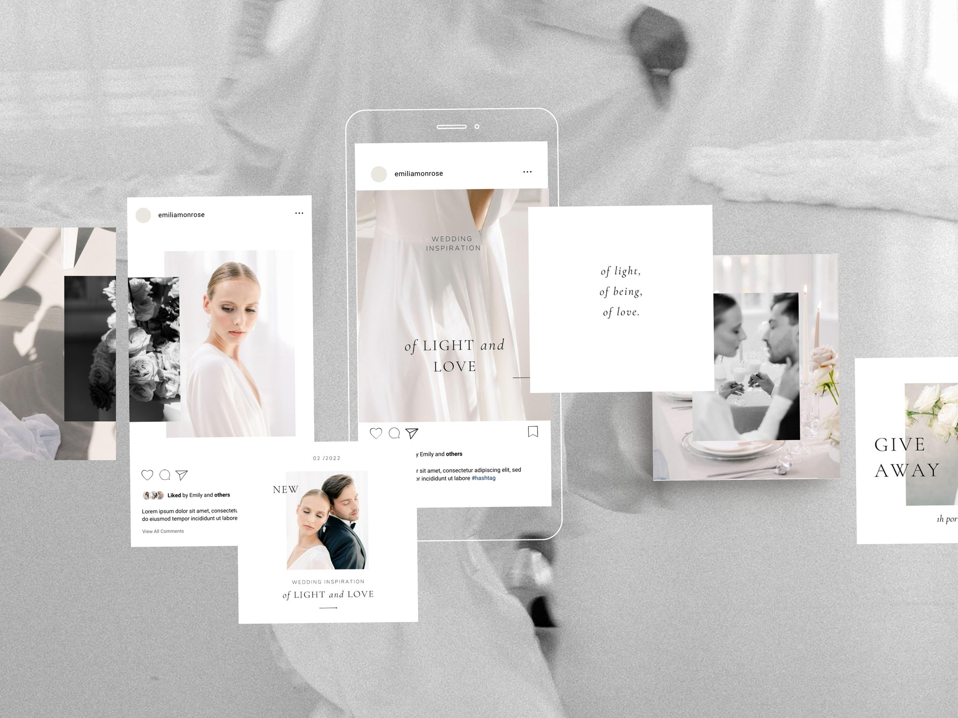 modern minimal elegant social media instagram template modern romance for wedding photographer, intagram posts, stories and highlight covers, created by white tint design