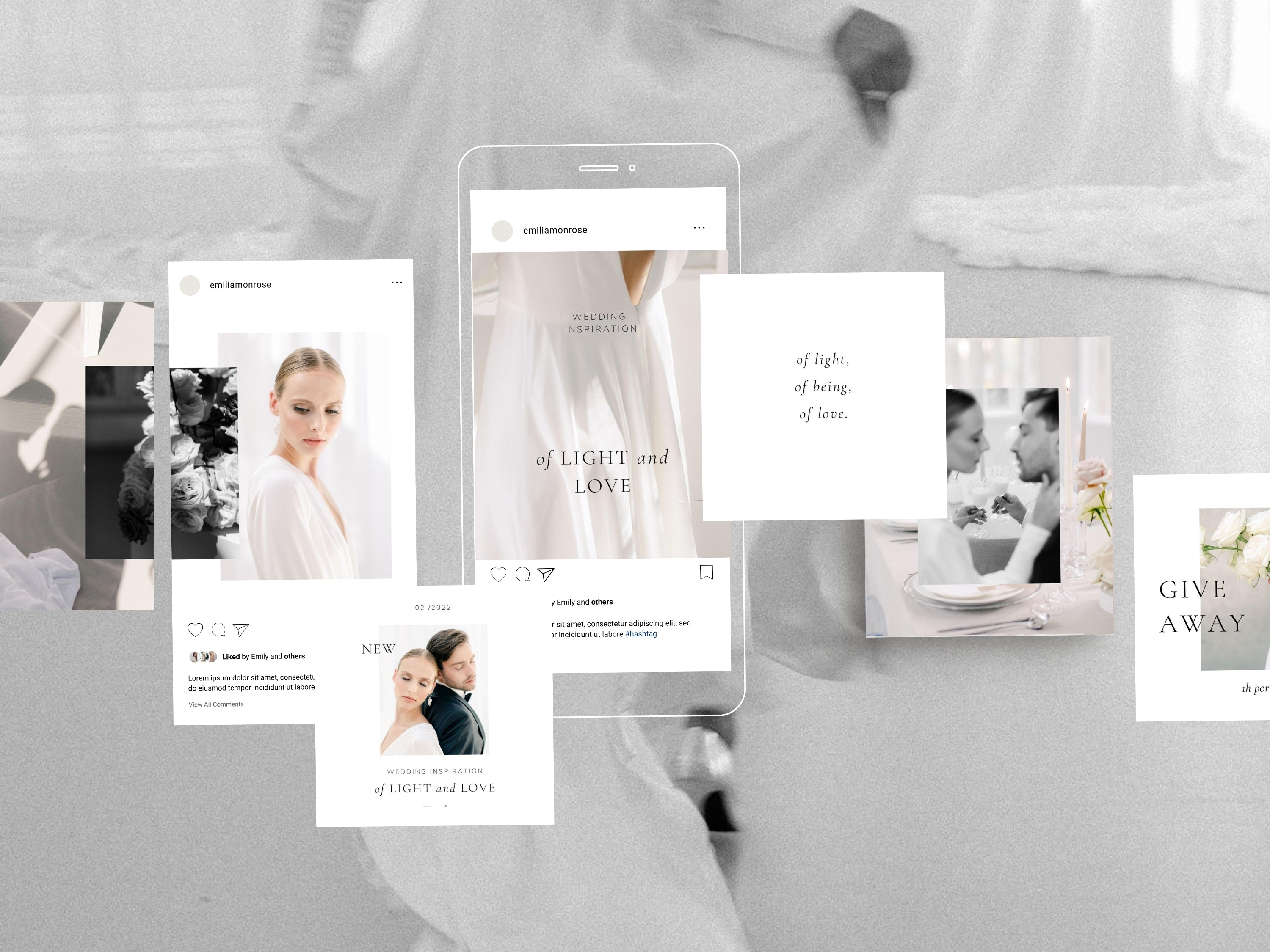 modern minimal elegant social media instagram template modern romance for wedding photographer, intagram posts, stories and highlight covers, created by white tint design