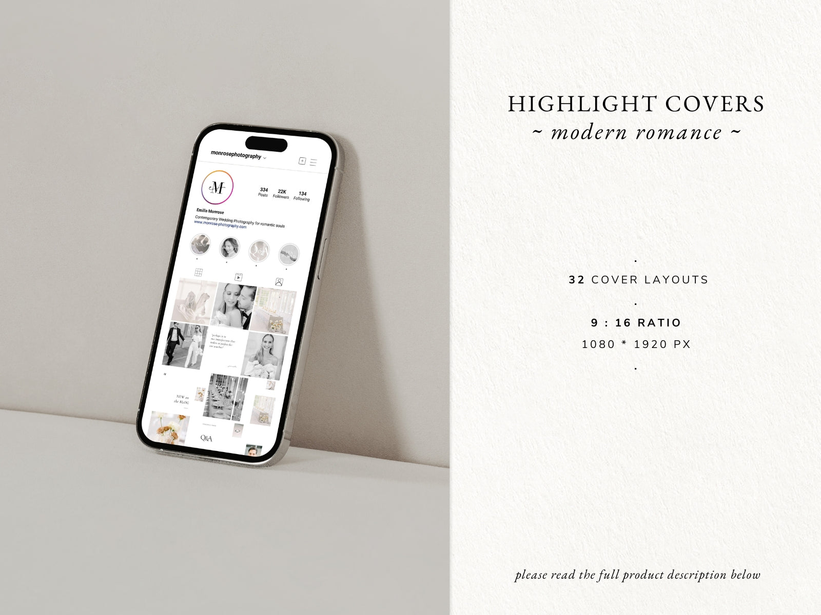 modern minimal elegant social media instagram template modern romance for wedding photographer, intagram posts, stories and highlight covers, created by white tint design