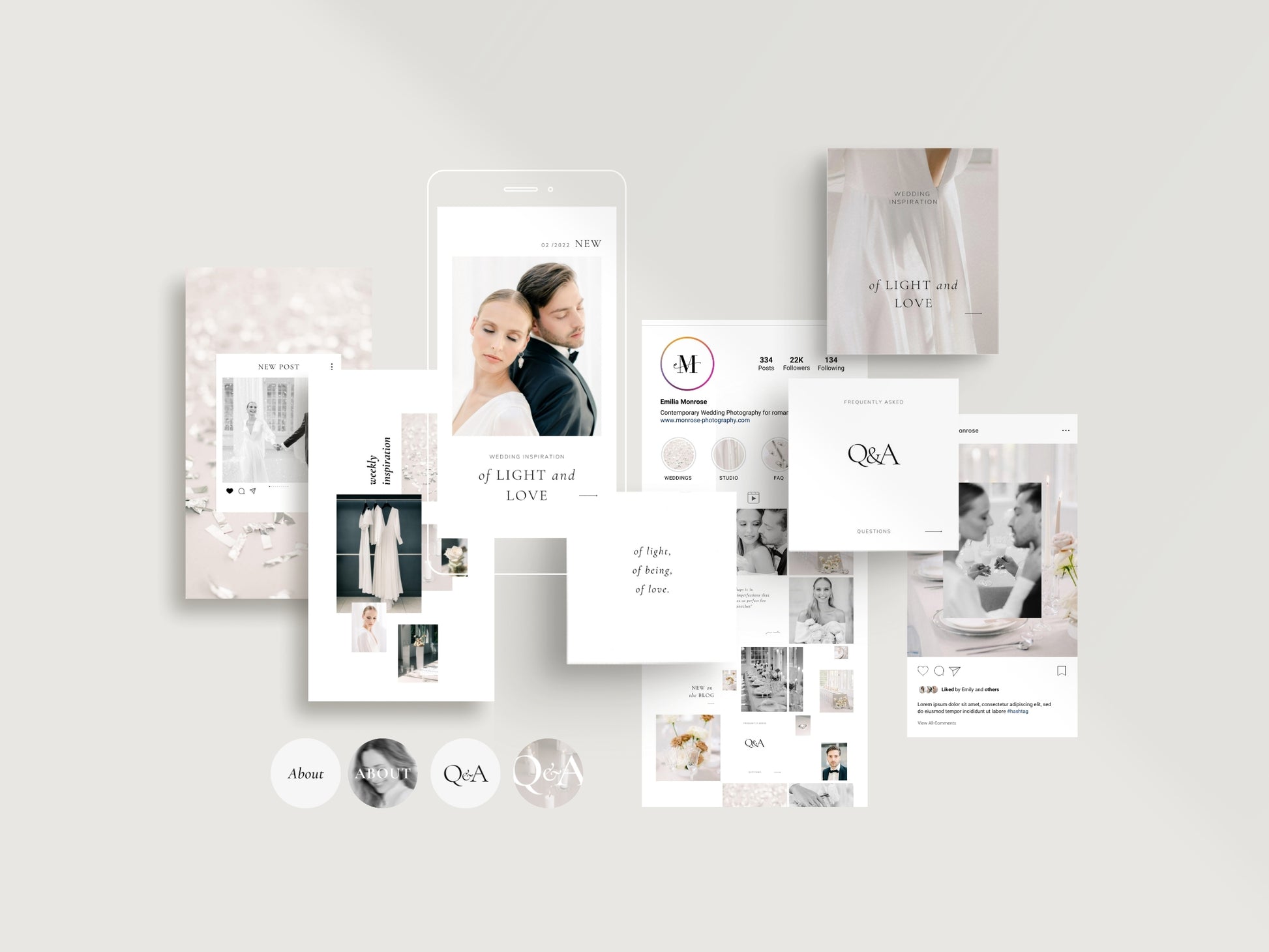 modern minimal elegant social media instagram template modern romance for wedding photographer, intagram posts, stories and highlight covers, created by white tint design