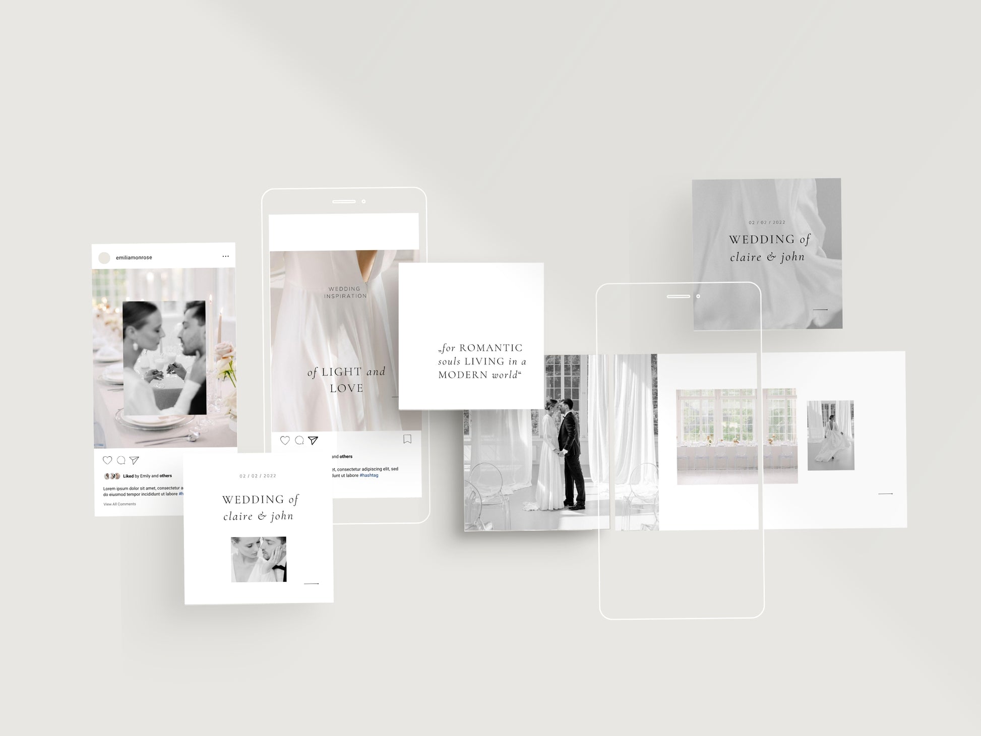 modern minimal elegant social media instagram template modern romance for wedding photographer, intagram posts, stories and highlight covers, created by white tint design