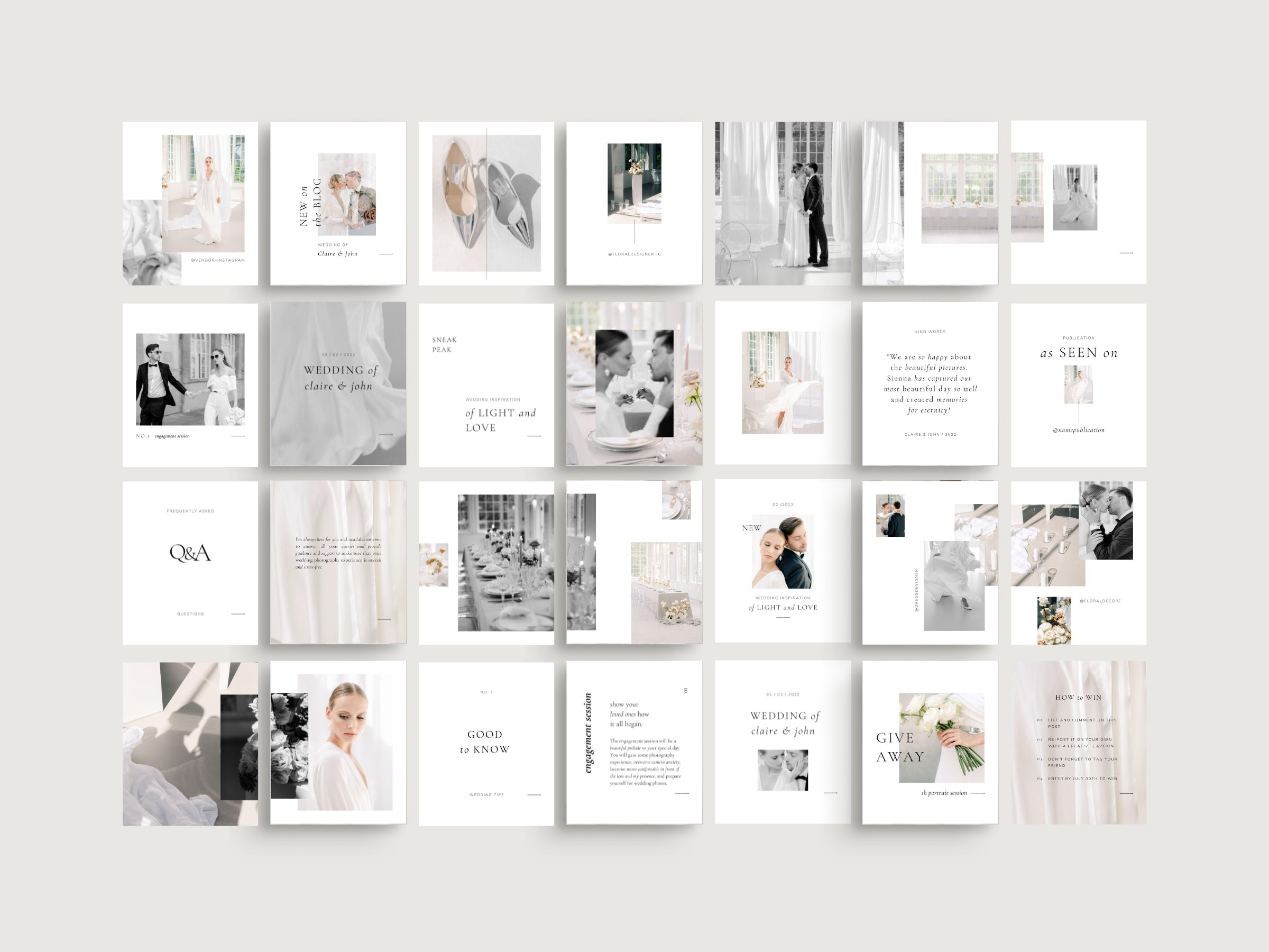modern minimal elegant social media instagram template modern romance for wedding photographer, intagram posts, stories and highlight covers, created by white tint design
