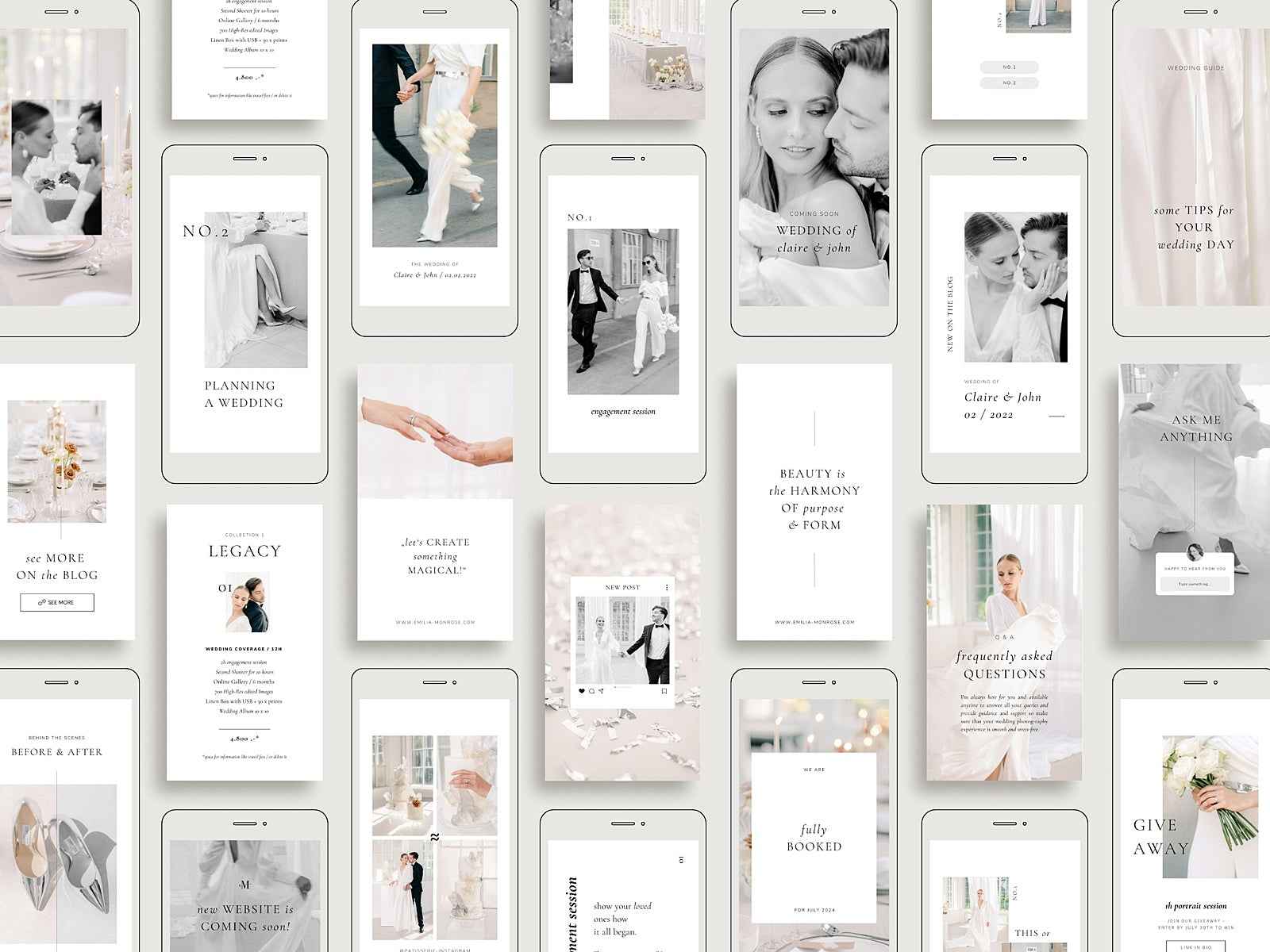 modern minimal elegant social media instagram template modern romance for wedding photographer, intagram posts, stories and highlight covers, created by white tint design