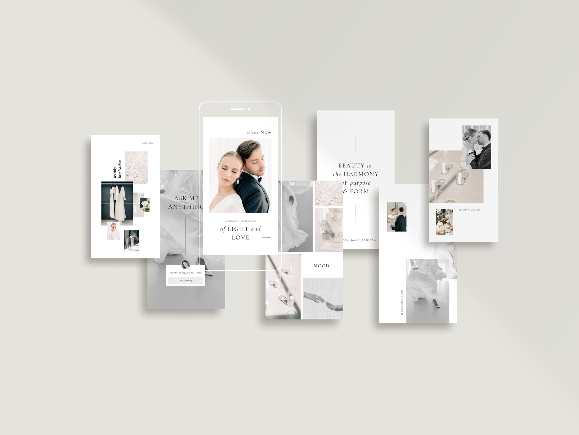 modern minimal elegant social media instagram template modern romance for wedding photographer, intagram posts, stories and highlight covers, created by white tint design