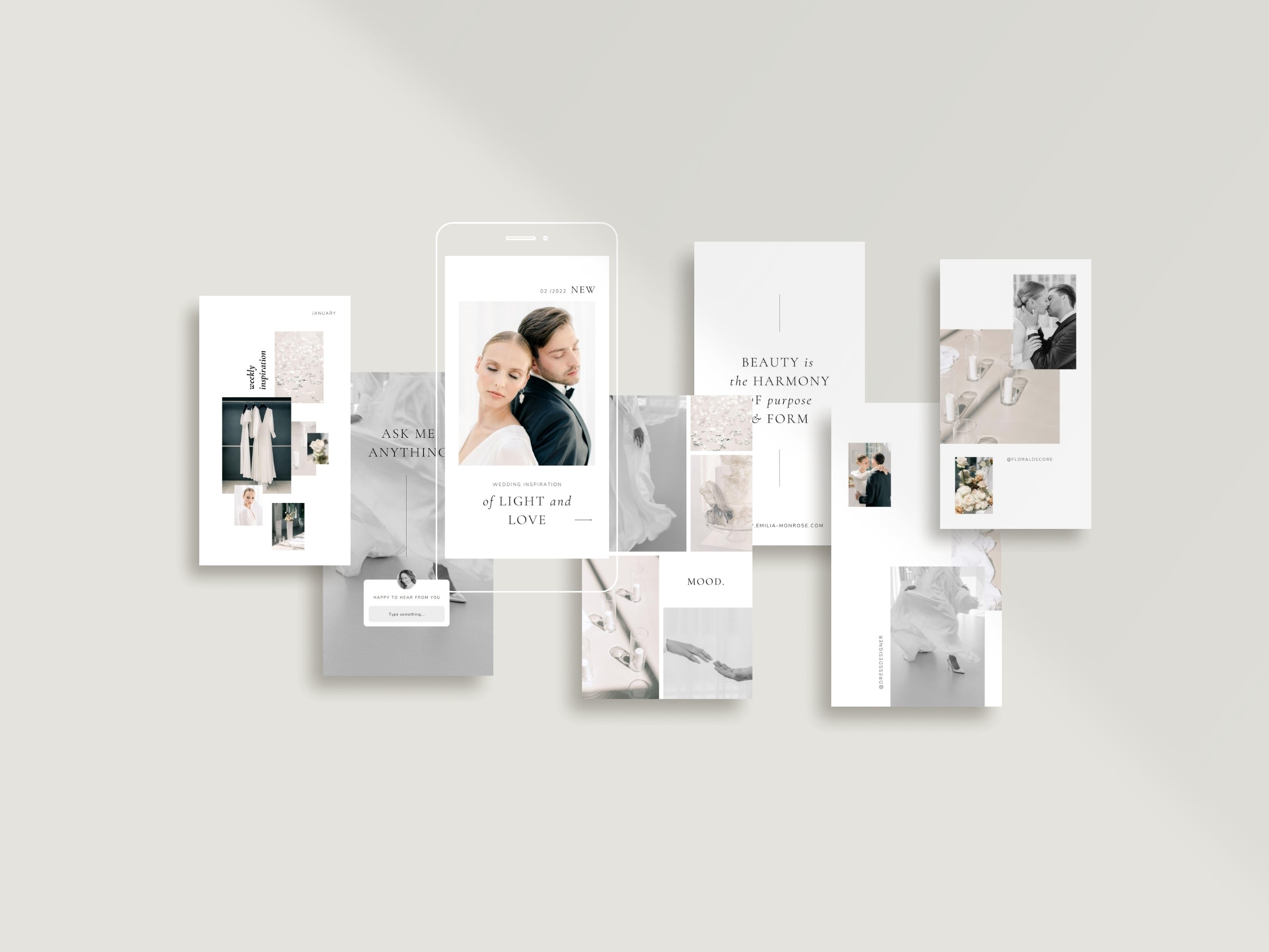 modern minimal elegant social media instagram template modern romance for wedding photographer, intagram posts, stories and highlight covers, created by white tint design