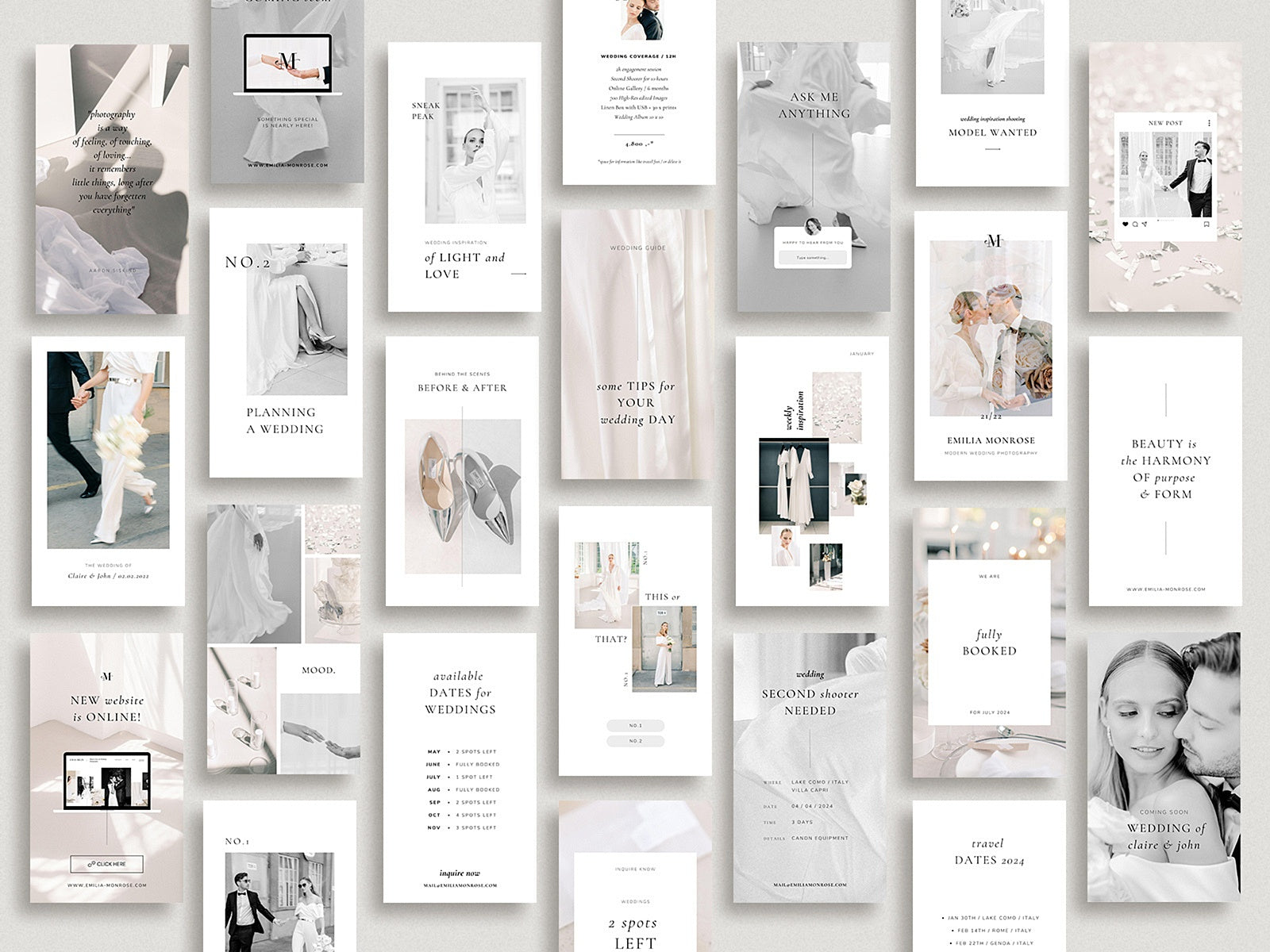 modern minimal elegant social media instagram template modern romance for wedding photographer, intagram posts, stories and highlight covers, created by white tint design