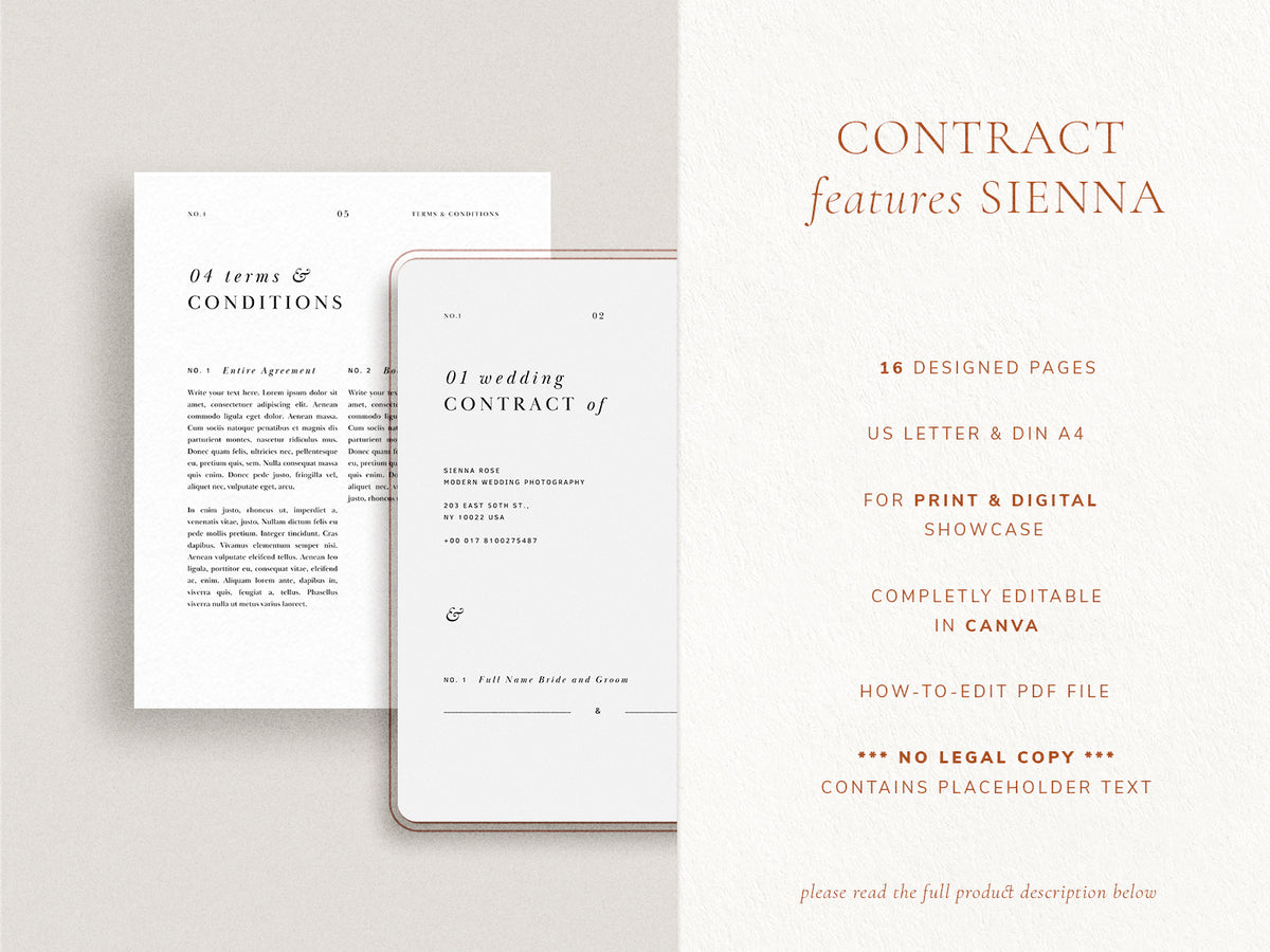 modern minimal elegant wedding photography canva client contract template for wedding photographers by white tint design studio