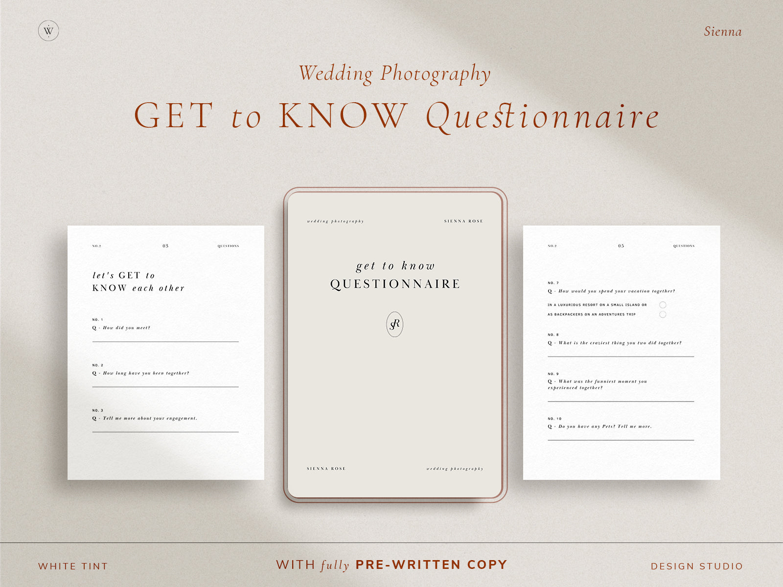 modern minimal elegant pre-written get-to-know questionnaire canva template for wedding photographers