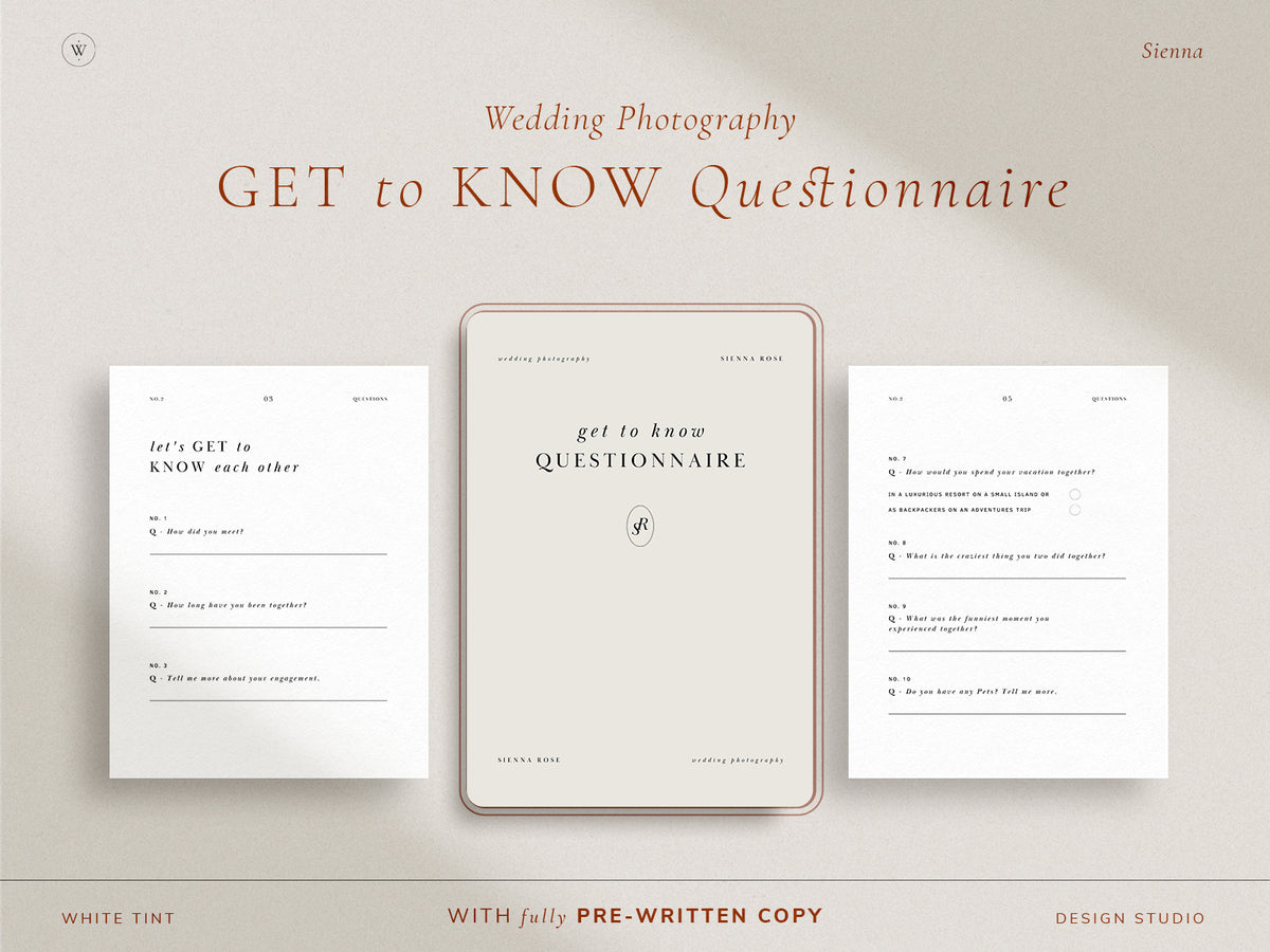 modern minimal and elegant wedding photography client questionnaire template for canva with pre-written copy by white tint design