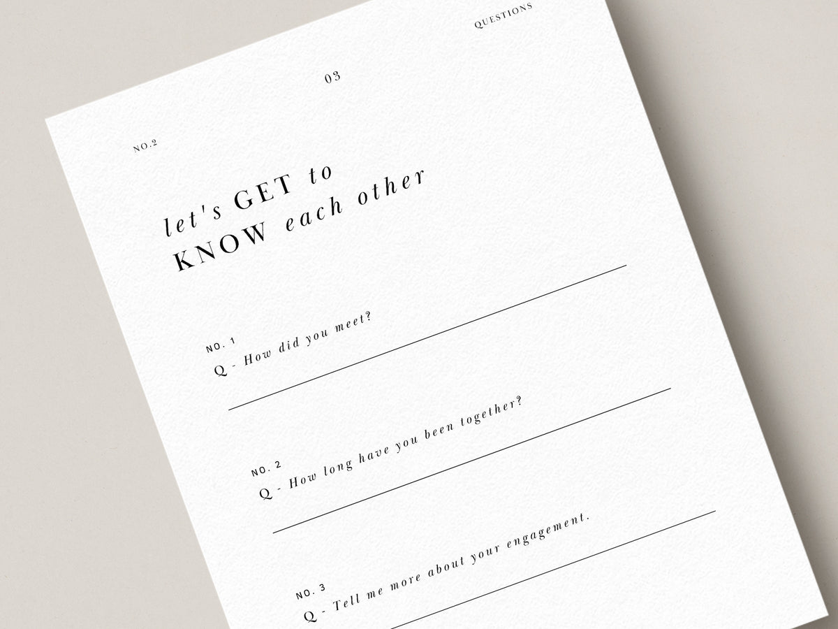 modern minimal elegant pre-written get-to-know questionnaire canva template for wedding photographers