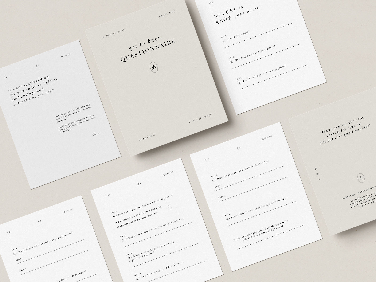 modern minimal elegant pre-written get-to-know questionnaire canva template for wedding photographers