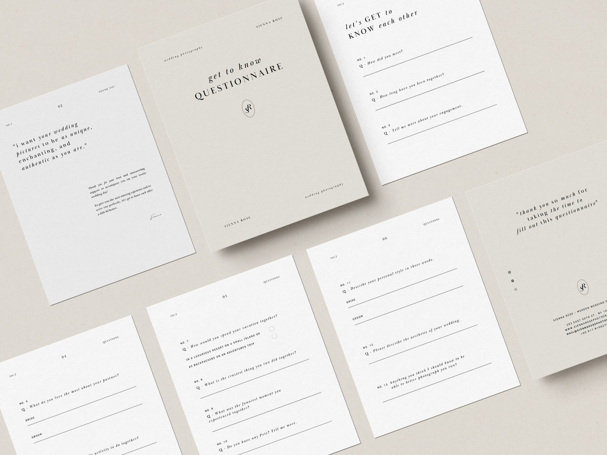 modern minimal and elegant wedding photography client questionnaire template for canva with pre-written copy by white tint design