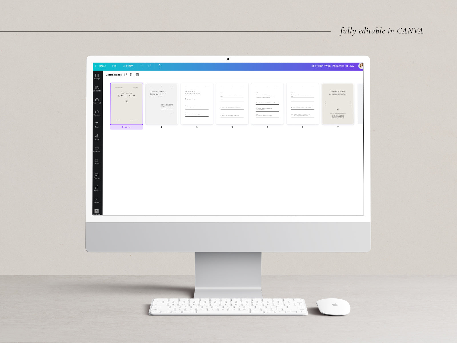 modern minimal elegant pre-written get-to-know questionnaire canva template for wedding photographers