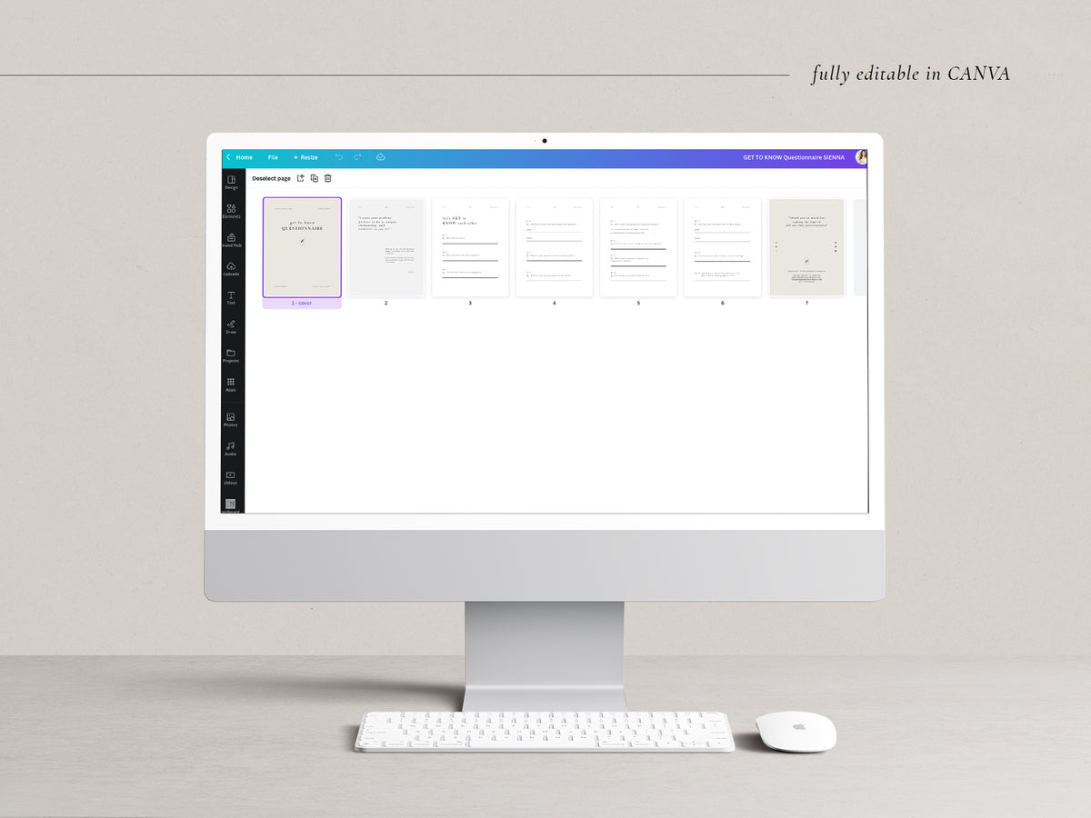modern minimal elegant pre-written get-to-know questionnaire canva template for wedding photographers