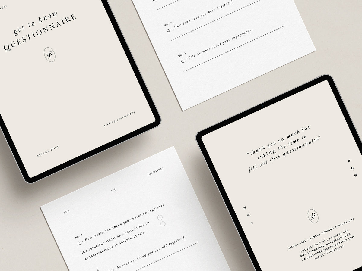 modern minimal elegant pre-written get-to-know questionnaire canva template for wedding photographers
