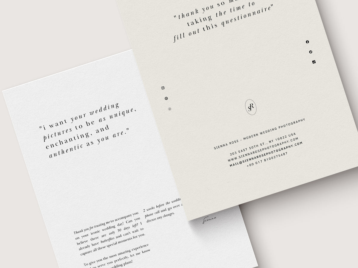 modern minimal and elegant wedding photography client questionnaire template for canva with pre-written copy by white tint design