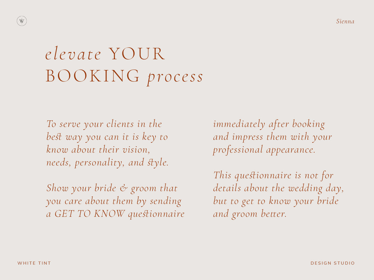 modern minimal elegant pre-written get-to-know questionnaire canva template for wedding photographers