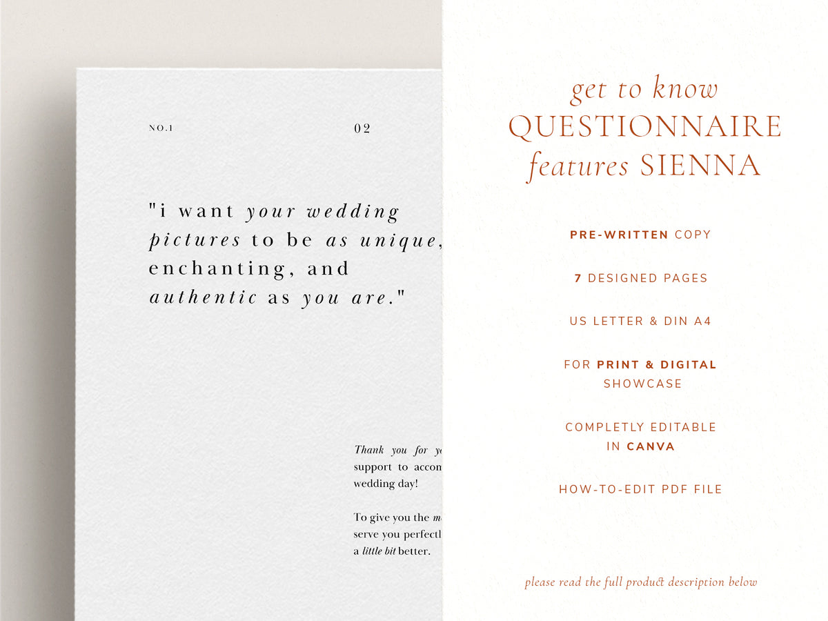 modern minimal elegant pre-written get-to-know questionnaire canva template for wedding photographers