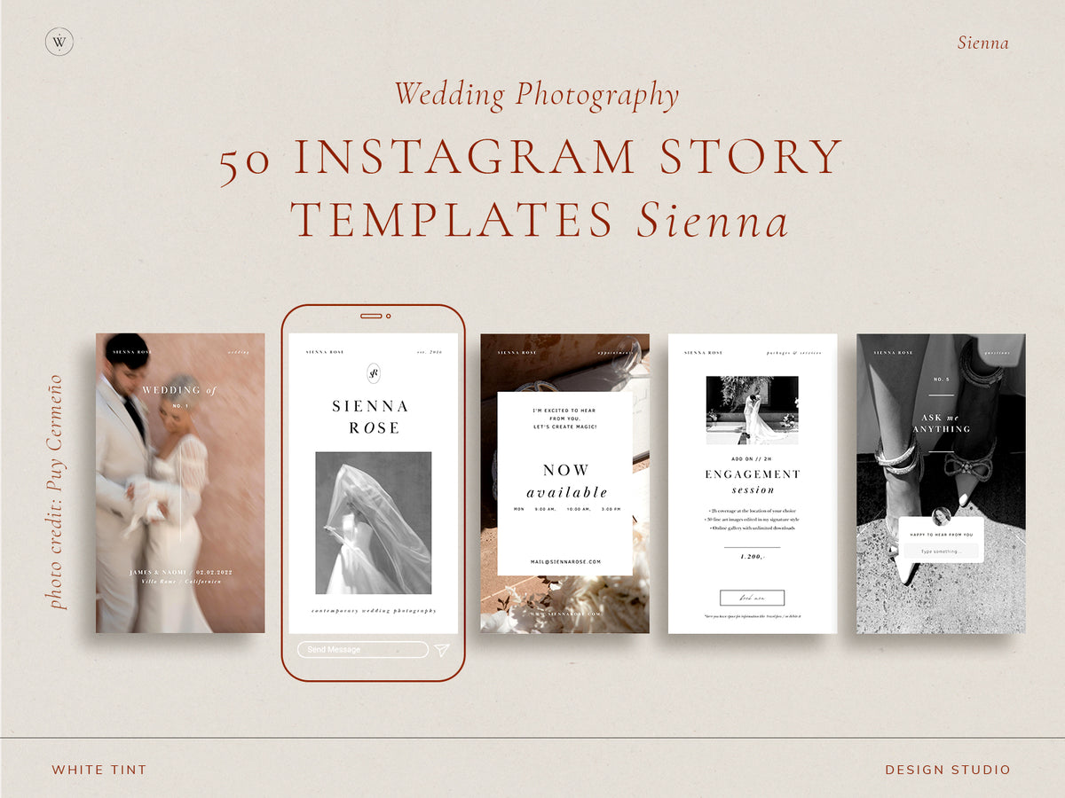 modern elegant canva social media instagram bundle story post and feed for wedding photographers by white tint design