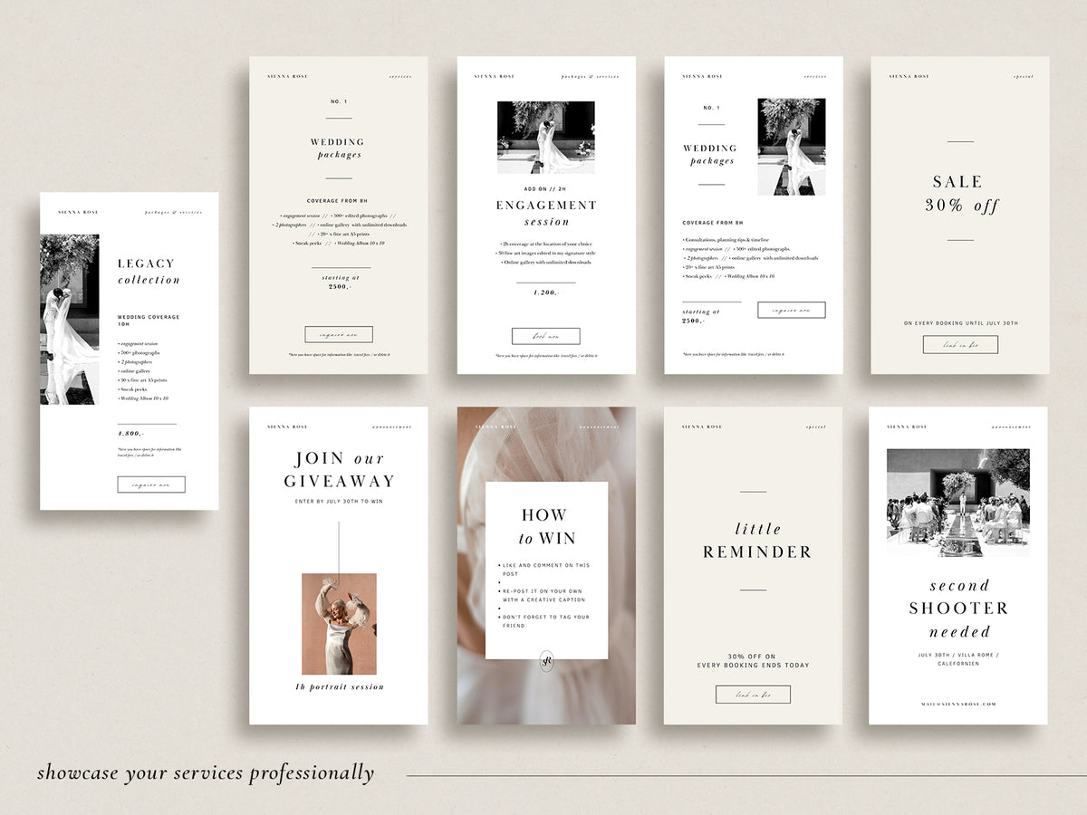 modern elegant canva social media instagram bundle story post and feed for wedding photographers by white tint design