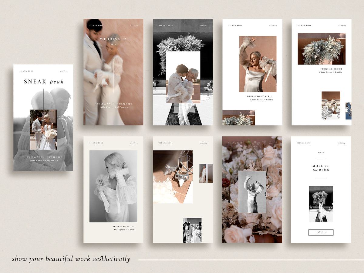 modern elegant canva social media instagram bundle story post and feed for wedding photographers by white tint design