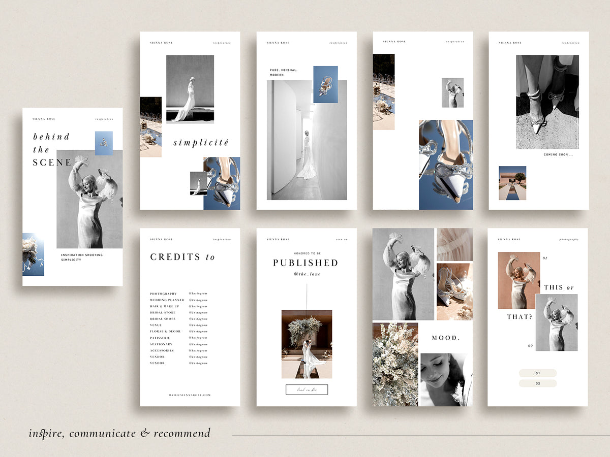 modern elegant canva social media instagram bundle story post and feed for wedding photographers by white tint design