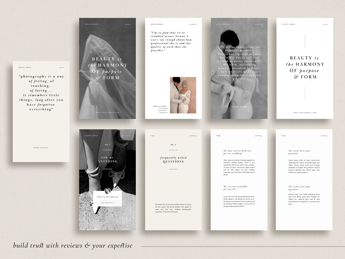 modern elegant canva social media instagram bundle story post and feed for wedding photographers by white tint design