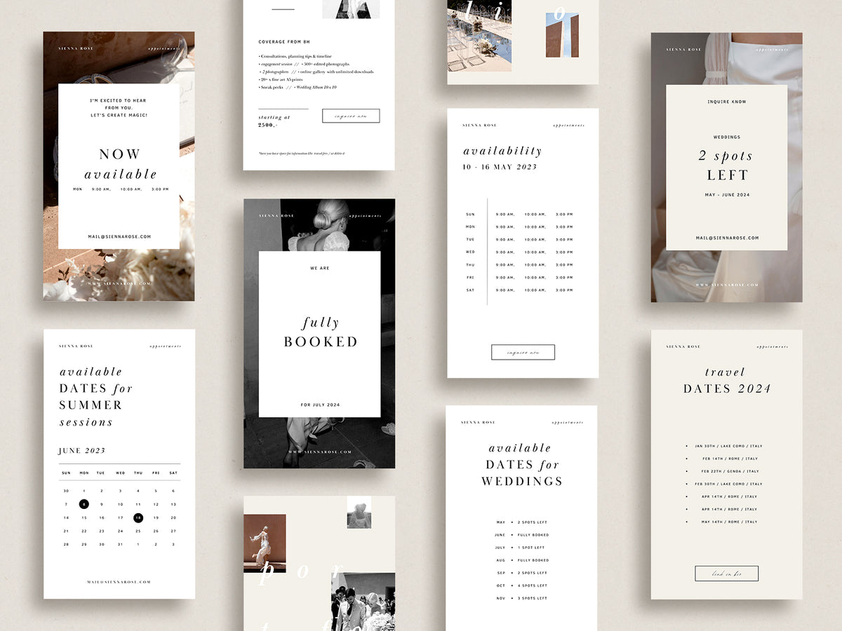 modern elegant canva social media instagram bundle story post and feed for wedding photographers by white tint design