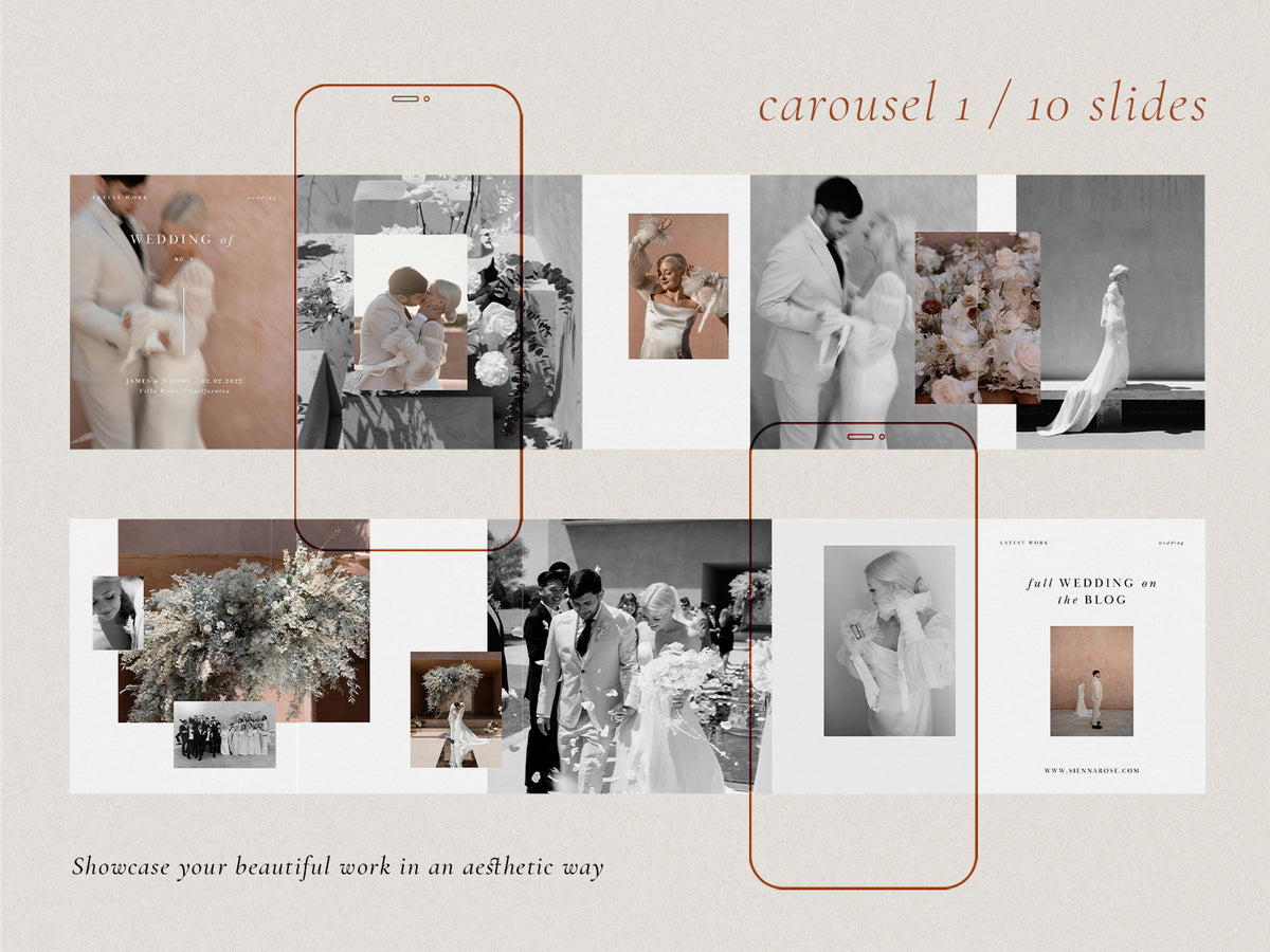 modern elegant canva social media instagram bundle story post and feed for wedding photographers by white tint design