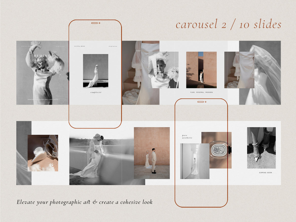 modern elegant canva social media instagram bundle story post and feed for wedding photographers by white tint design