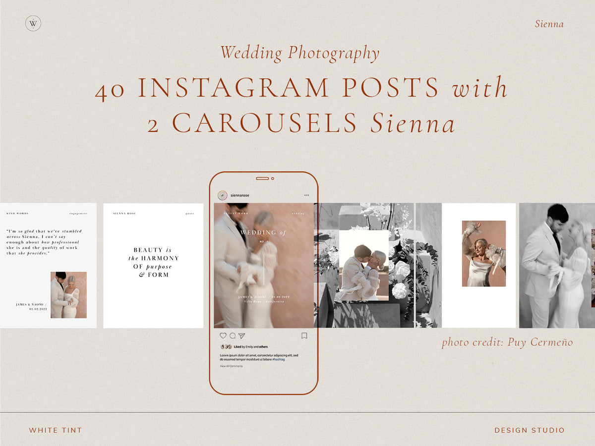 modern elegant canva social media instagram bundle story post and feed for wedding photographers by white tint design