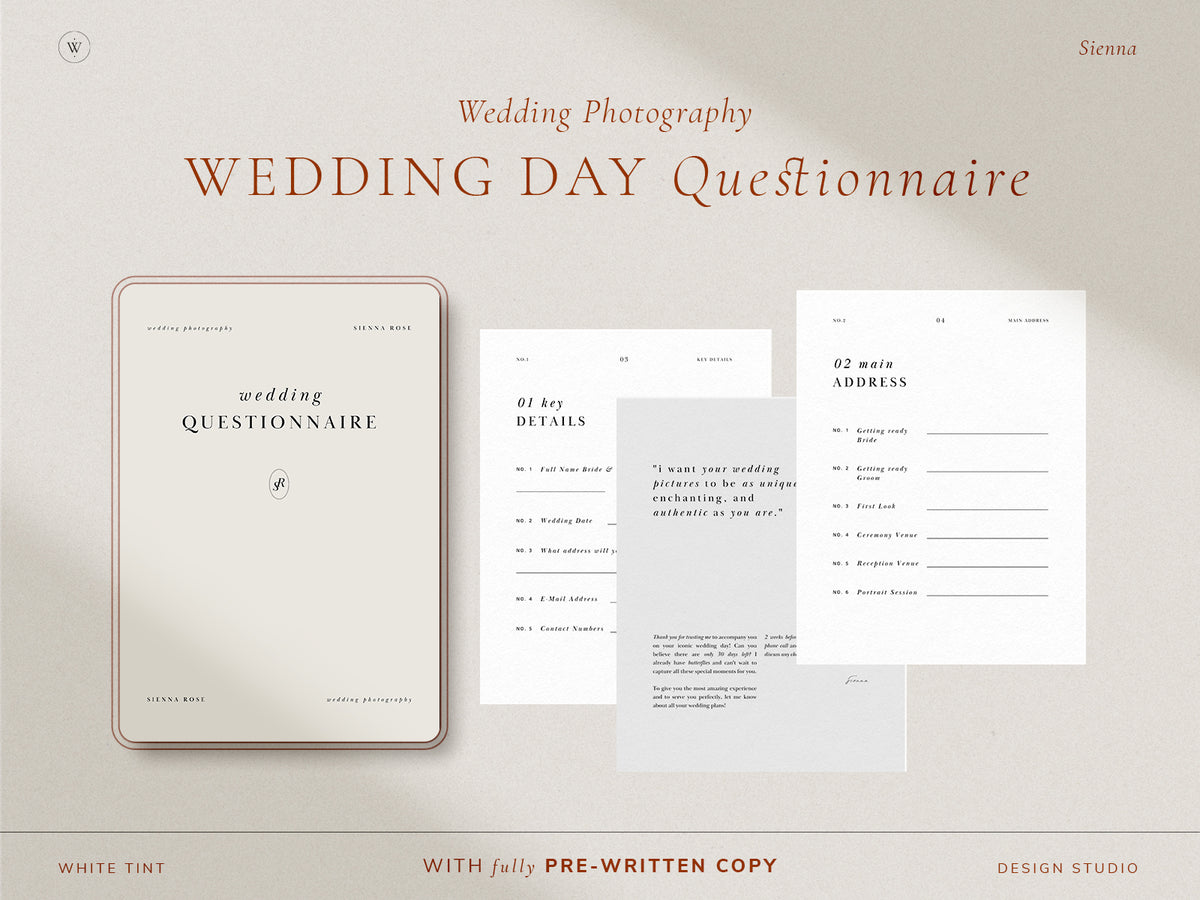 modern minimal and elegant wedding photography client questionnaire template for canva with pre-written copy by white tint design