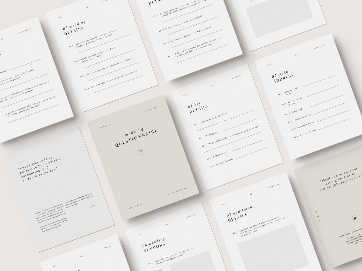 modern minimal and elagant canva pre-written client wedding day questionnaire for wedding photographers