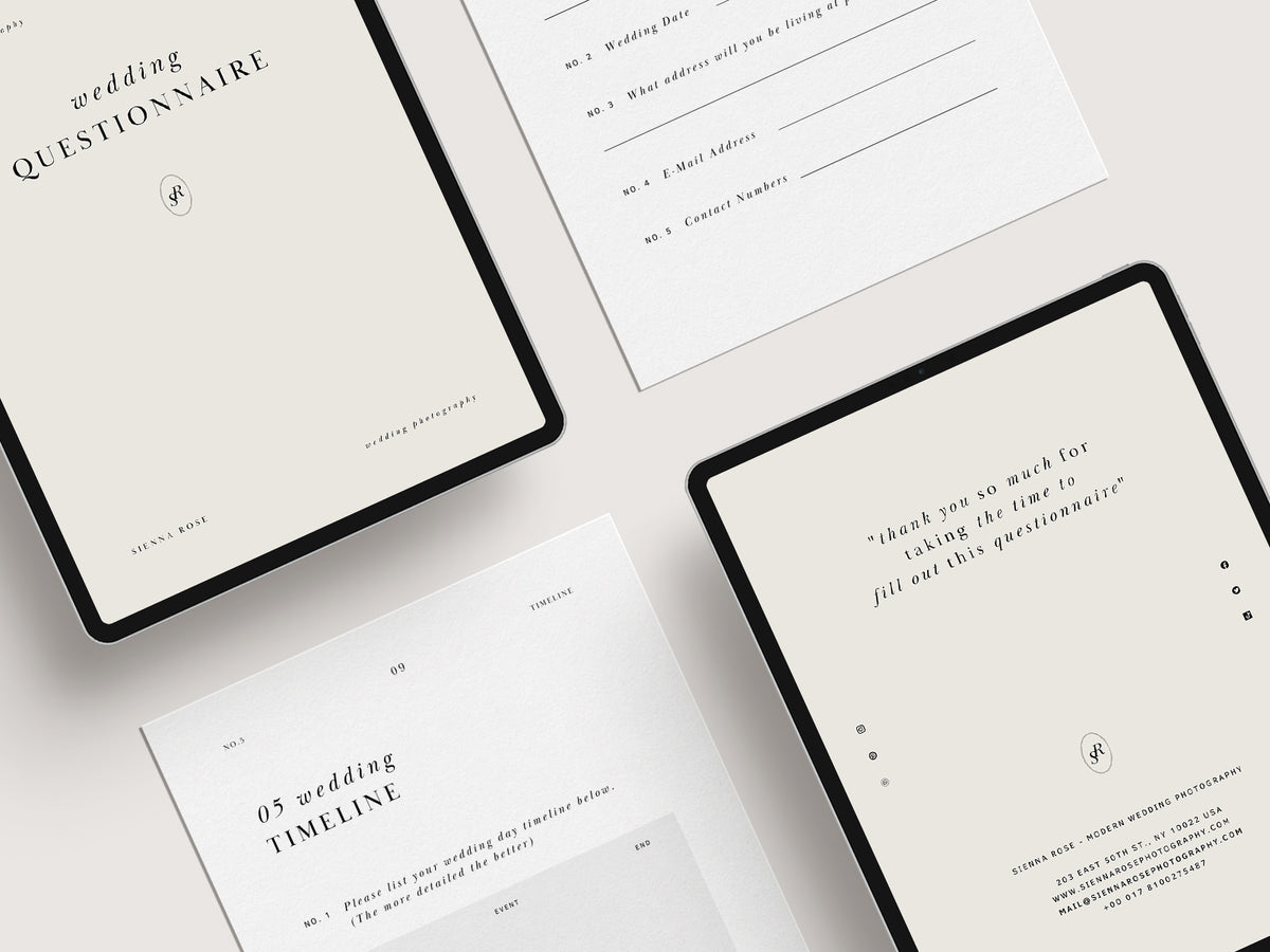 modern minimal and elagant canva pre-written client wedding day questionnaire for wedding photographers