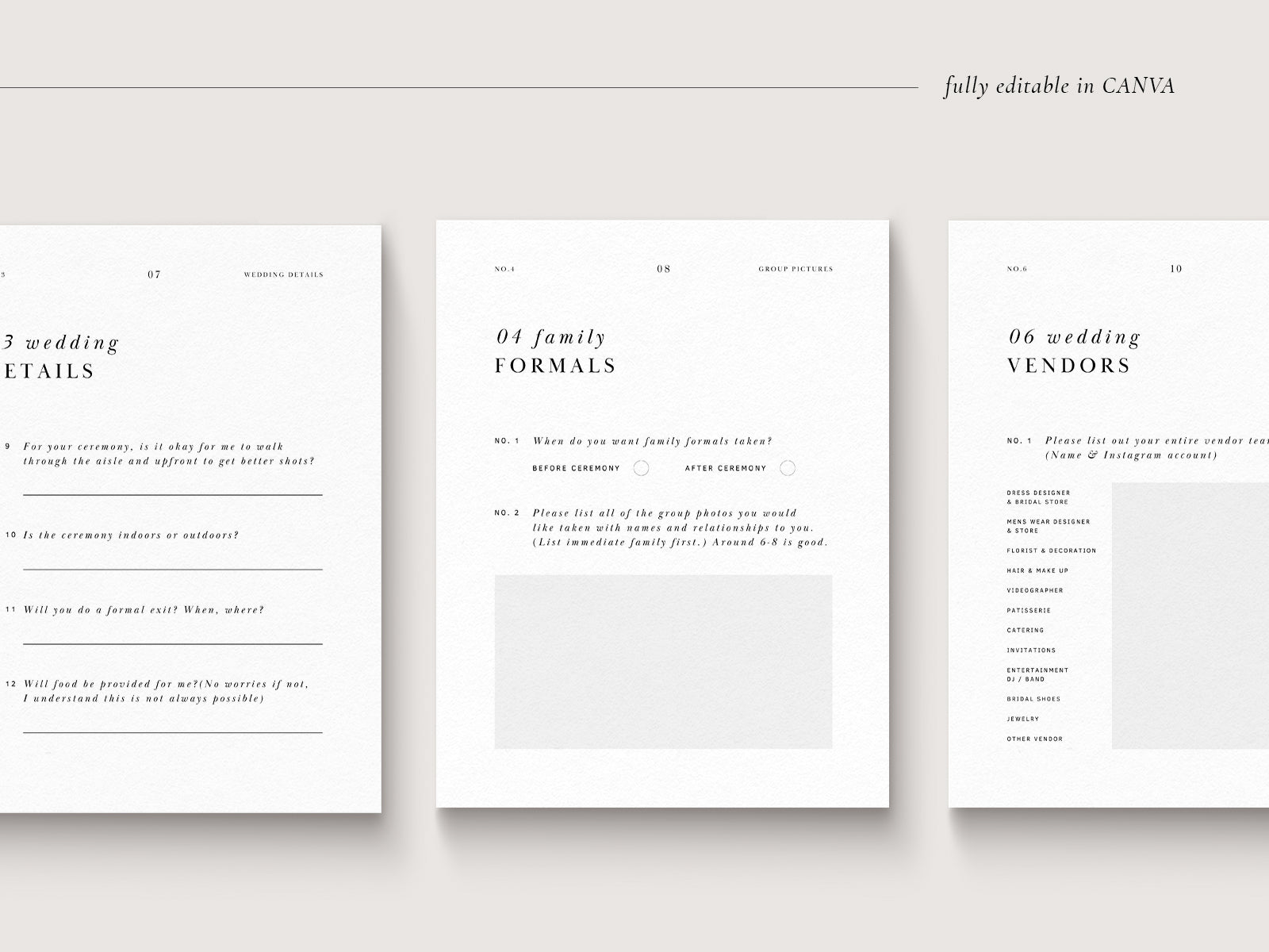 modern minimal and elagant canva pre-written client wedding day questionnaire for wedding photographers