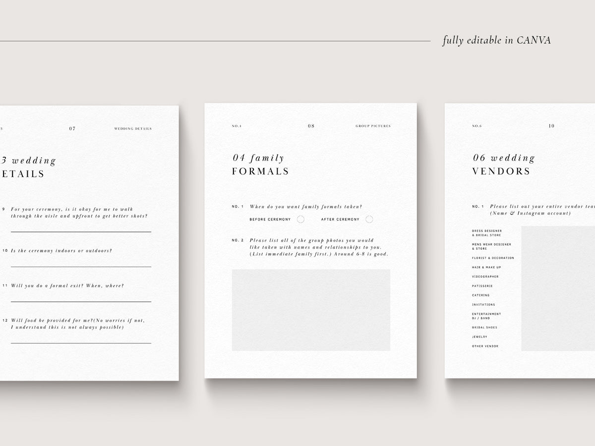 modern minimal and elegant wedding photography client questionnaire template for canva with pre-written copy by white tint design