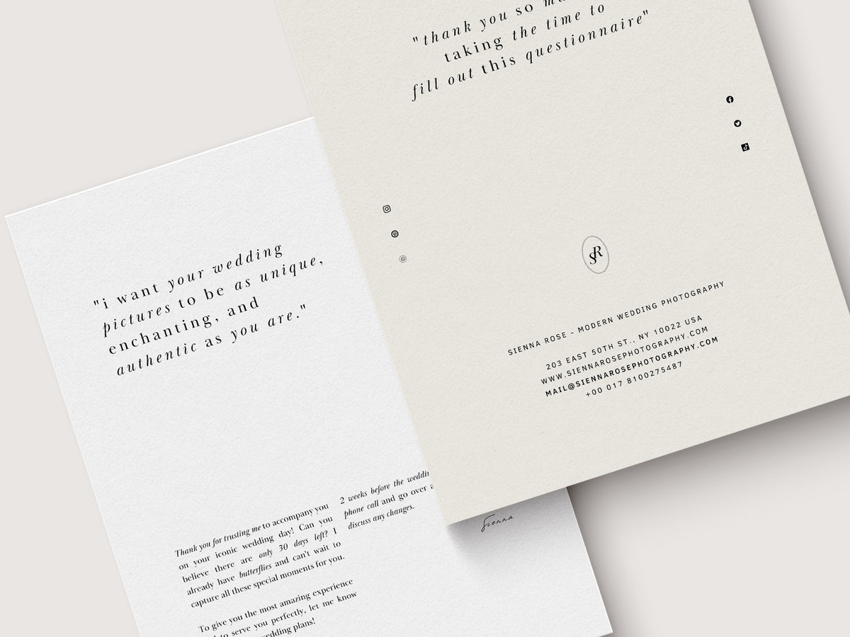 modern minimal and elagant canva pre-written client wedding day questionnaire for wedding photographers
