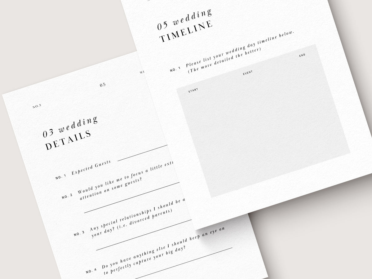 modern minimal and elagant canva pre-written client wedding day questionnaire for wedding photographers