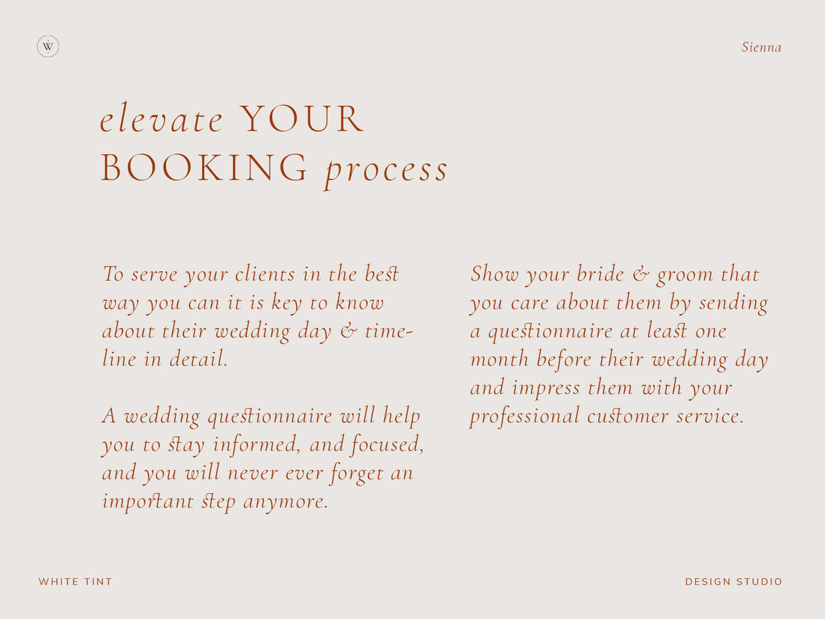 modern minimal and elagant canva pre-written client wedding day questionnaire for wedding photographers