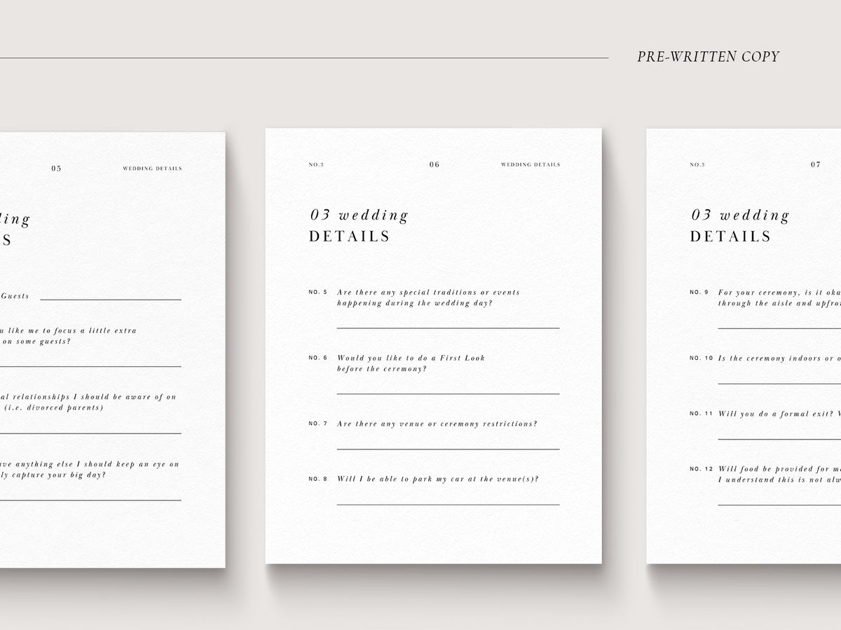 modern minimal and elegant wedding photography client questionnaire template for canva with pre-written copy by white tint design