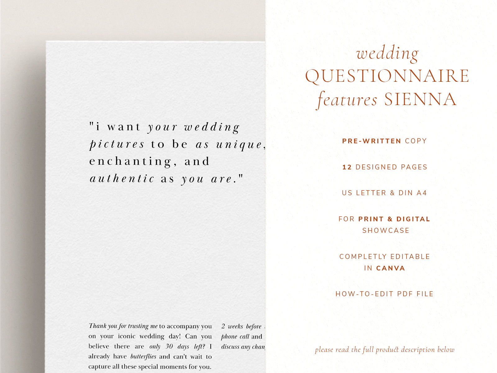 modern minimal and elagant canva pre-written client wedding day questionnaire for wedding photographers