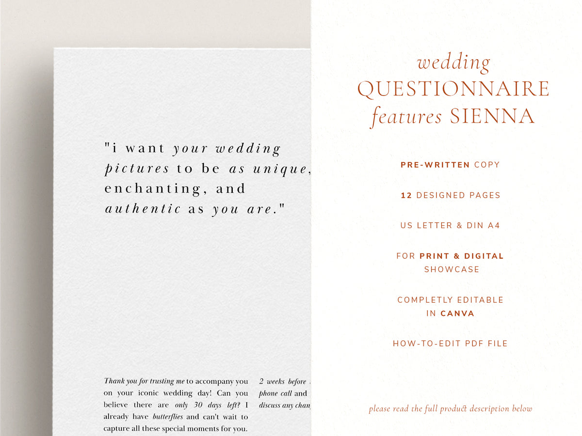 modern minimal and elagant canva pre-written client wedding day questionnaire for wedding photographers
