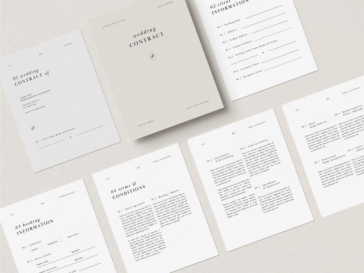 modern minimal elegant wedding photography canva client contract template for wedding photographers by white tint design studio