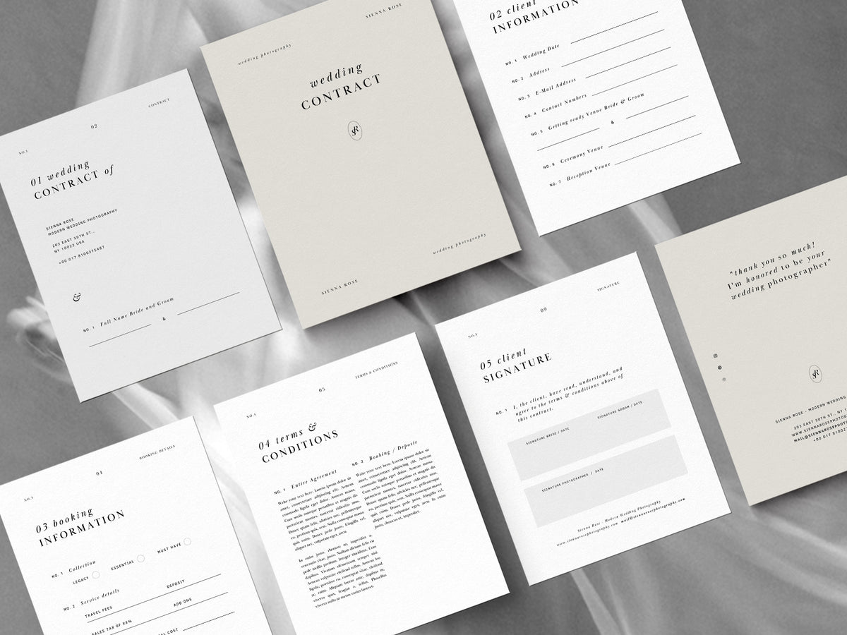 modern minimal elegant wedding photography canva client contract template for wedding photographers by white tint design studio