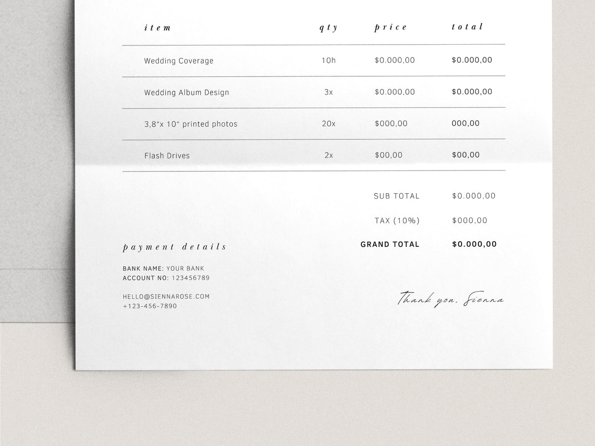 modern elegant canva invoice billing template for photographers, florist, creative small business by white tint design