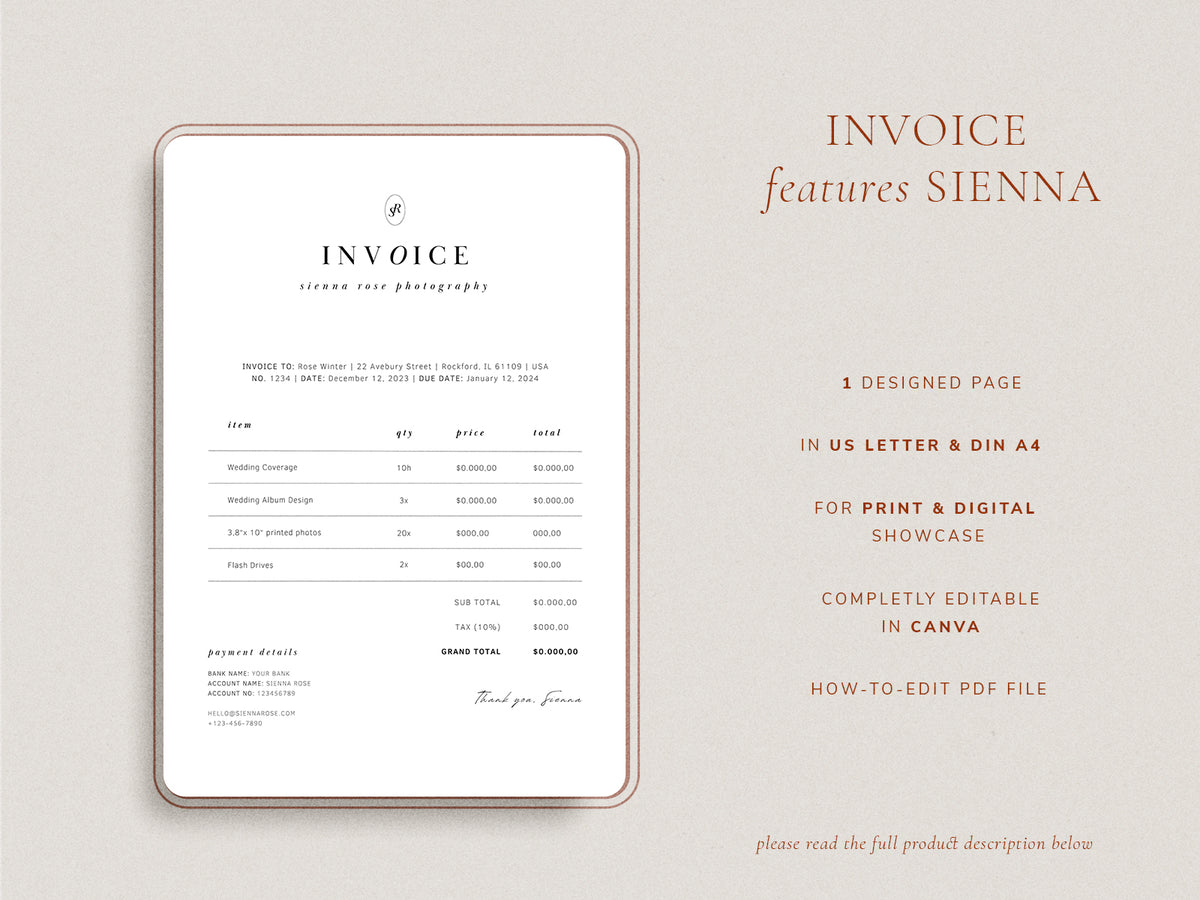 modern elegant canva invoice billing template for photographers, florist, creative small business by white tint design
