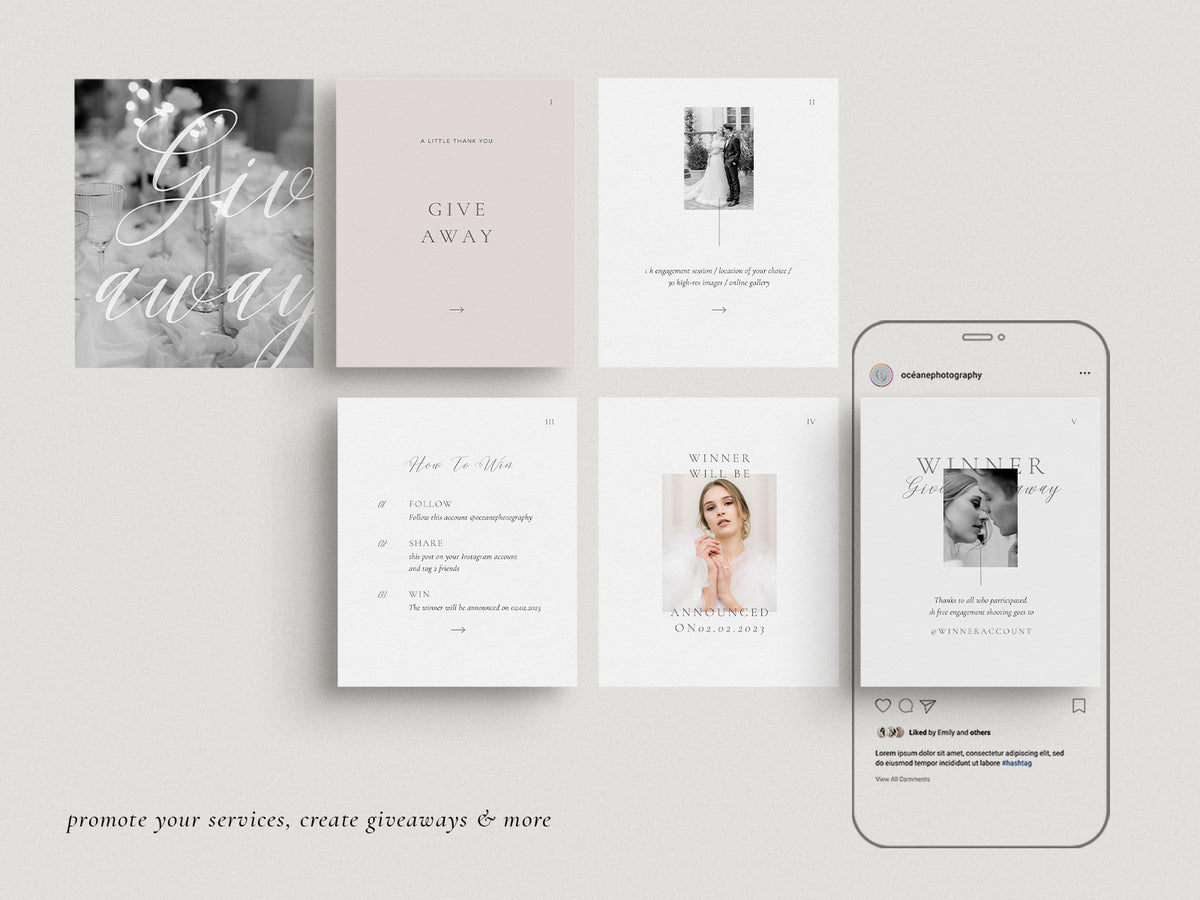 modern elegant photography canva instagram post and carousel template for wedding photographers by white tint design