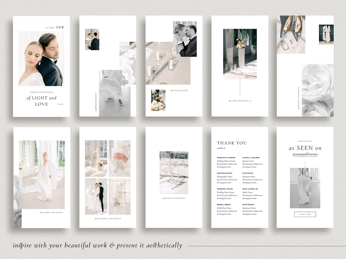 minimal modern elegant canva wedding photography instagram story template, elegant clean instagram posts templates for wedding photographers by white tint design